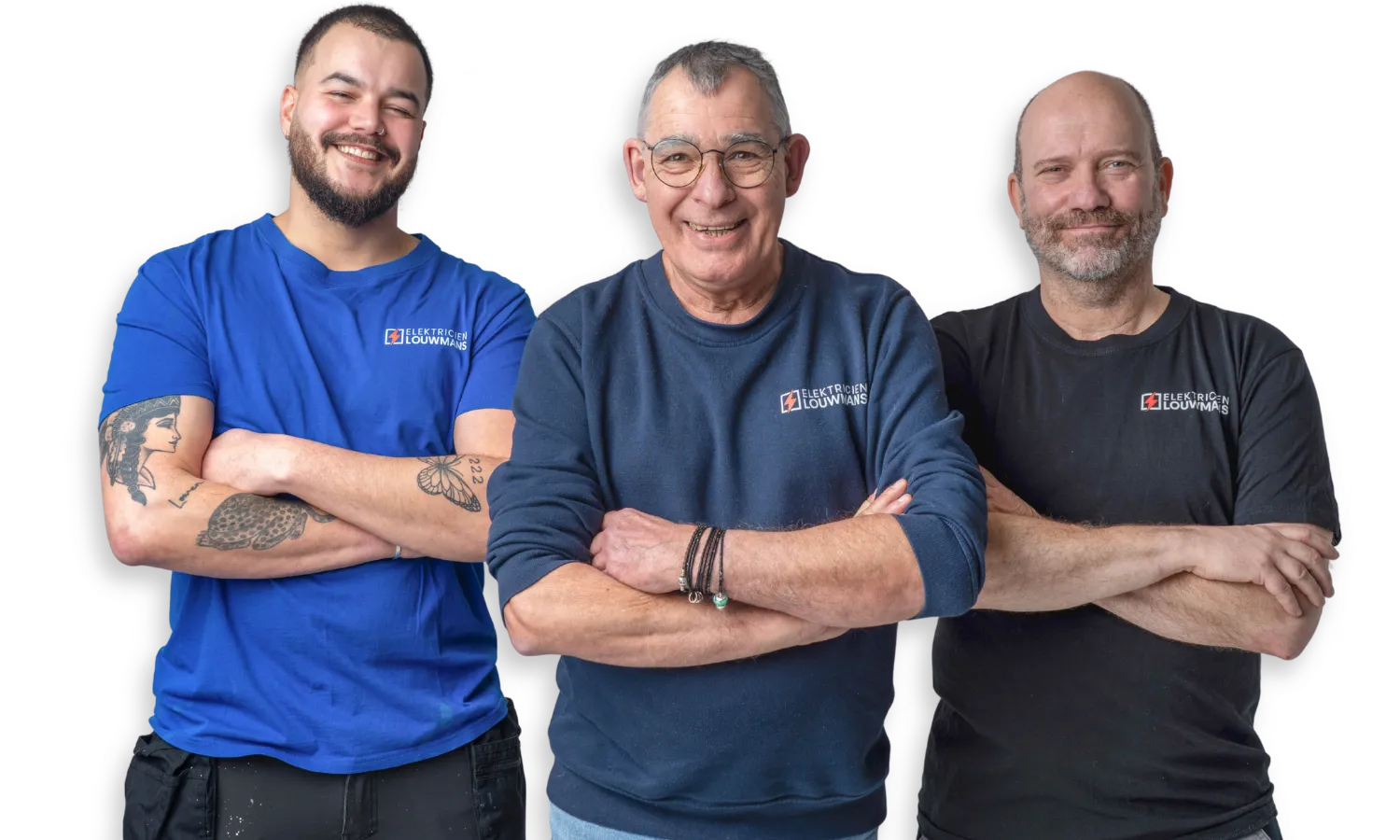 Drie elektriciens van Elektricien Louwmans met de armen over elkaar